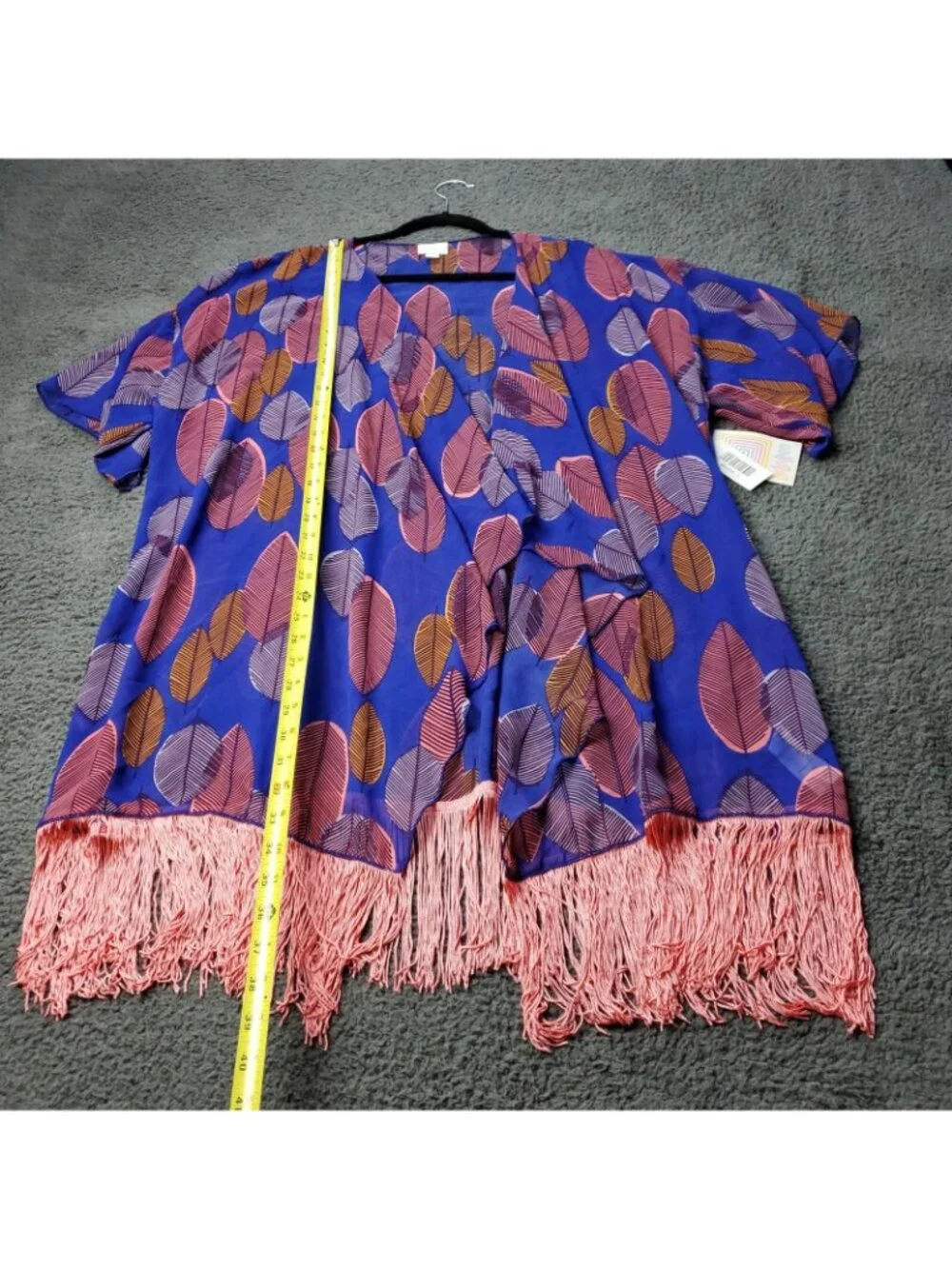 LulaRoe Monroe Kimono Cardigan Womens L Large Multicolor Fringe Floral Blue Pink